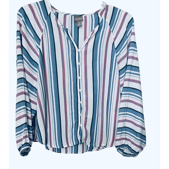CHICO'S LONG BELL RAGLAN SLV BUTTON DOWN V-NECK BLOUSE, BLUE PINK BLACK STRIPE - Picture 1 of 11